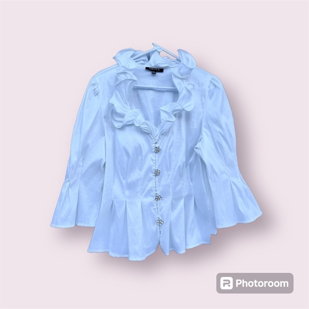 White Ruffle Evening Blouse with Rhinestone Buttons by Chetta B Blouse